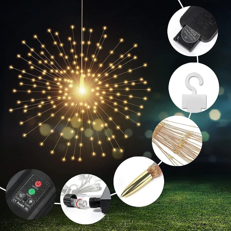 5*90LEDS Hanging Solar Firework Light 8 Modes Remote Control Solar Starburst Lamp Christmas Decor Fairy Lights Garden Yard Patio