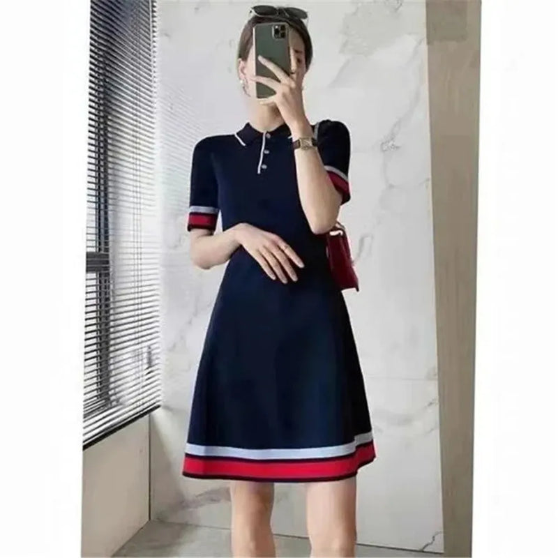 Polo Collar Knit Dress Women Summer Office Short Sleeve Slim Elegant Party Dress Casual Chic Korean Stripe Vestido Fashion Dress