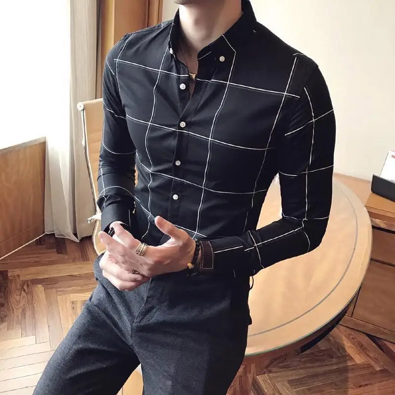 Summer Loose Casual Handsome Retro Korean Style Elegant Fashion Men's Shirt Button Plaid Splicing Lapels Long Sleeve Chic Tops