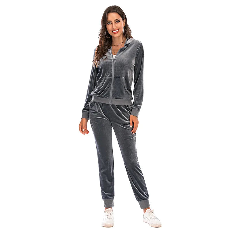 Velour Tracksuit Womens 2 Piece Sweatshirt & Sweatpants Set Full Zip Hoodie Sweatsuit with Pockets Casual Sportswear Autumn