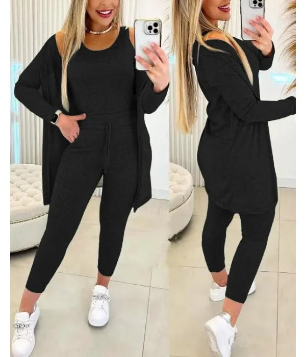 Elegant Fall Outfits Women 2023 Suit Fashion Versatile Casual Round Neck Tank Top & Drawstring Pants Set with Coat Three-piece