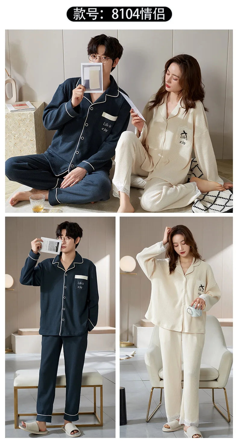 Cotton Sleepwear For Couples Korean Cardigan Men Pijamas Women Pajamas Set Long Sleep Tops Pant Nightwear Pjs pareja hombre