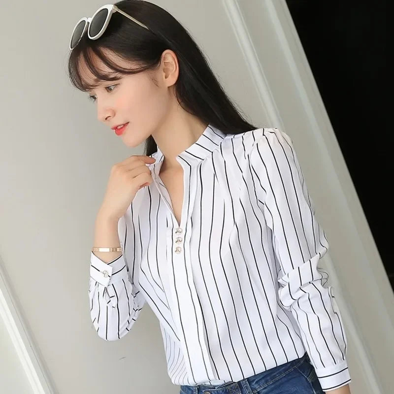 Women White Tops Women's Blouses Fashion Stripe Print Casual Long Sleeve Office Lady Work Shirts Female Slim Blusas