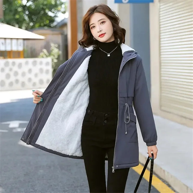 Winter Mid-length Hooded Fleece Lined Coat Women Warm Parka Thicken Outwear Casual Loose Jackets Trenchcoat Snowwear Windbreaker