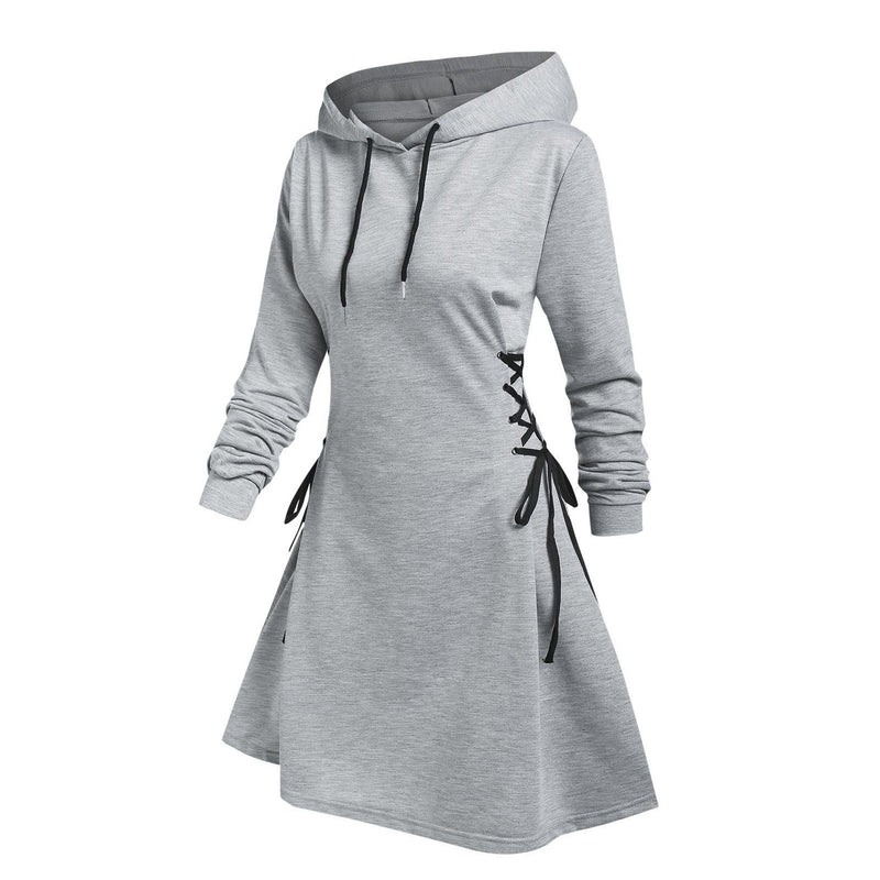 Women Tie Waist Mini Dress Hoodies V Neck Long Sleeves Slim Fit Hoodies Sweatshirts Ladies Fashion Long Solid Drawstring Hoodies