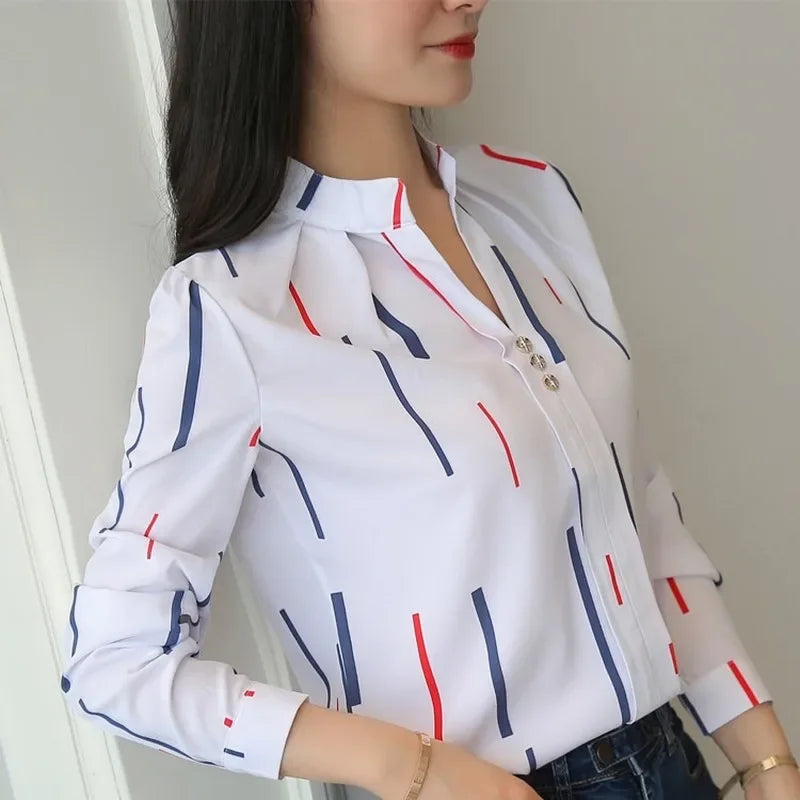 Blusas blancas para mujer, blusas para mujer, blusas de moda con estampado de rayas, camisas informales de manga larga para oficina y trabajo, blusas ajustadas para mujer