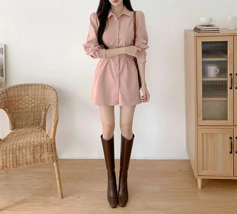 Korean Chic Fashon Slim Mini Long Sleeve Dress Women's 2024 Spring Autumn New Elegant Casual Polo Shirt Dresses Solid Clothing