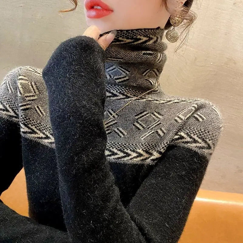 Women's Jumper Turtleneck Slim Fashion Vintage Sweaters Spring Long Sleeve Fashion Inside Basic Knitted Pullovers