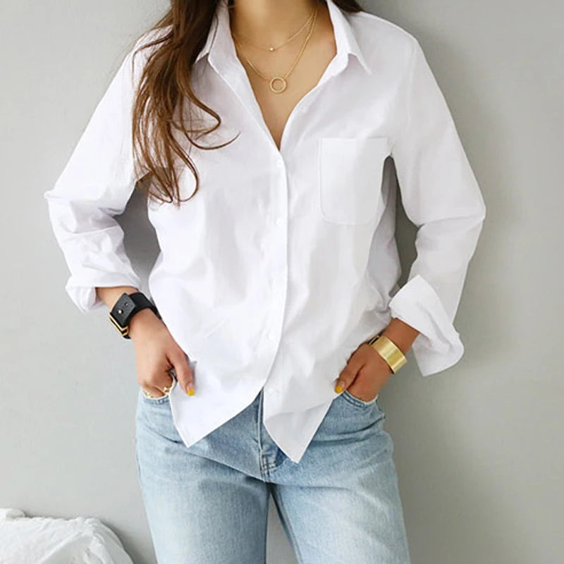 Camisa blanca de manga larga para mujer, informal, con cuello vuelto, para el trabajo, para la oficina, con botones, suave, lisa, para mujer, nueva moda