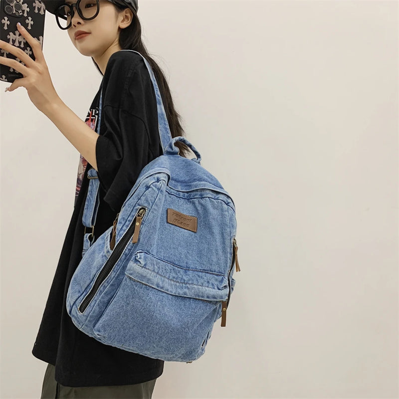 Mochilas de moda de mezclilla para la escuela, tendencia para estudiantes, bolsa de jeans, múltiples bolsillos, mochila de gran capacidad, mochila escolar femenina 2023