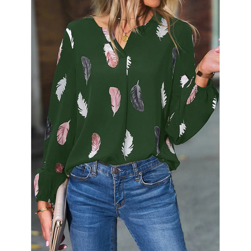 Fashion Woman Blouse Shirts For Women Stylish Top long Sleeve Feather Pattern Female Tops Elegant Chiffon Mujer Woman Clothes