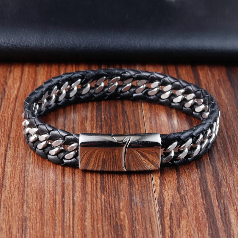 Pulseras de cuero negro trenzado para hombre, estilo punk, de acero inoxidable, para amigos, joyería de moda, regalos