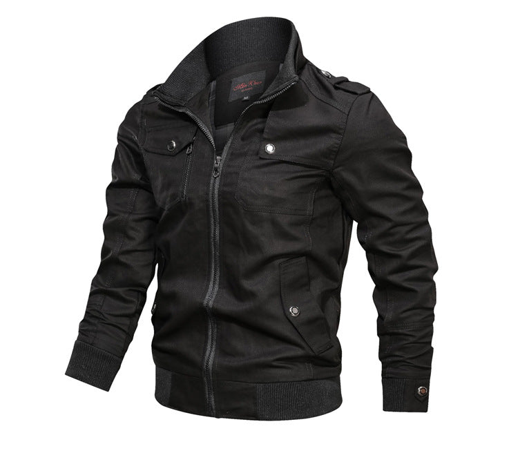 Casual solid color jacket, zippered pocket, stand up collar, oversized jacket, tough guy style, thin motorcycle top