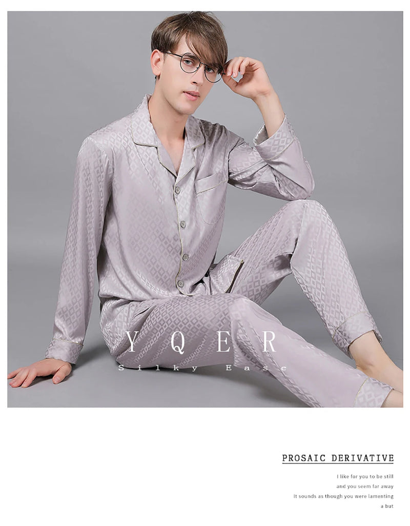 Men Trendyol Print Pajama Spring Summer Loose Comfort Pijama Sets Luxury Silk Pajamas Satin Long Sleeve Sleepwear pijama hombre