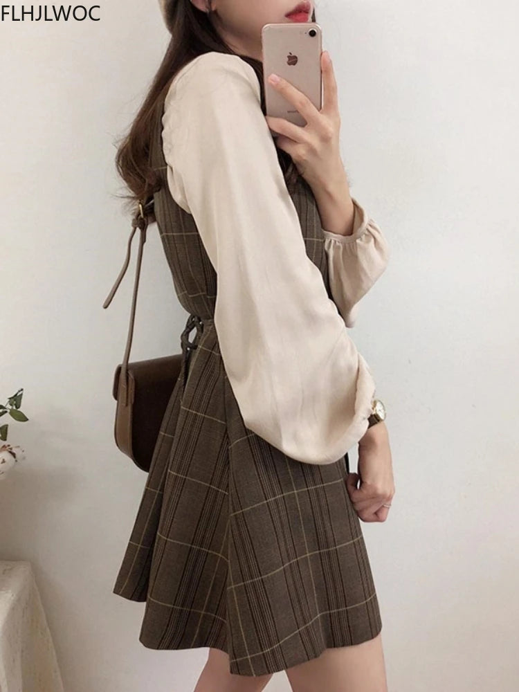 Lindo minivestido de cita de Año Nuevo sin mangas para mujer, estilo coreano japonés, diseño retro vintage, vestido camisero con botones a cuadros 11021