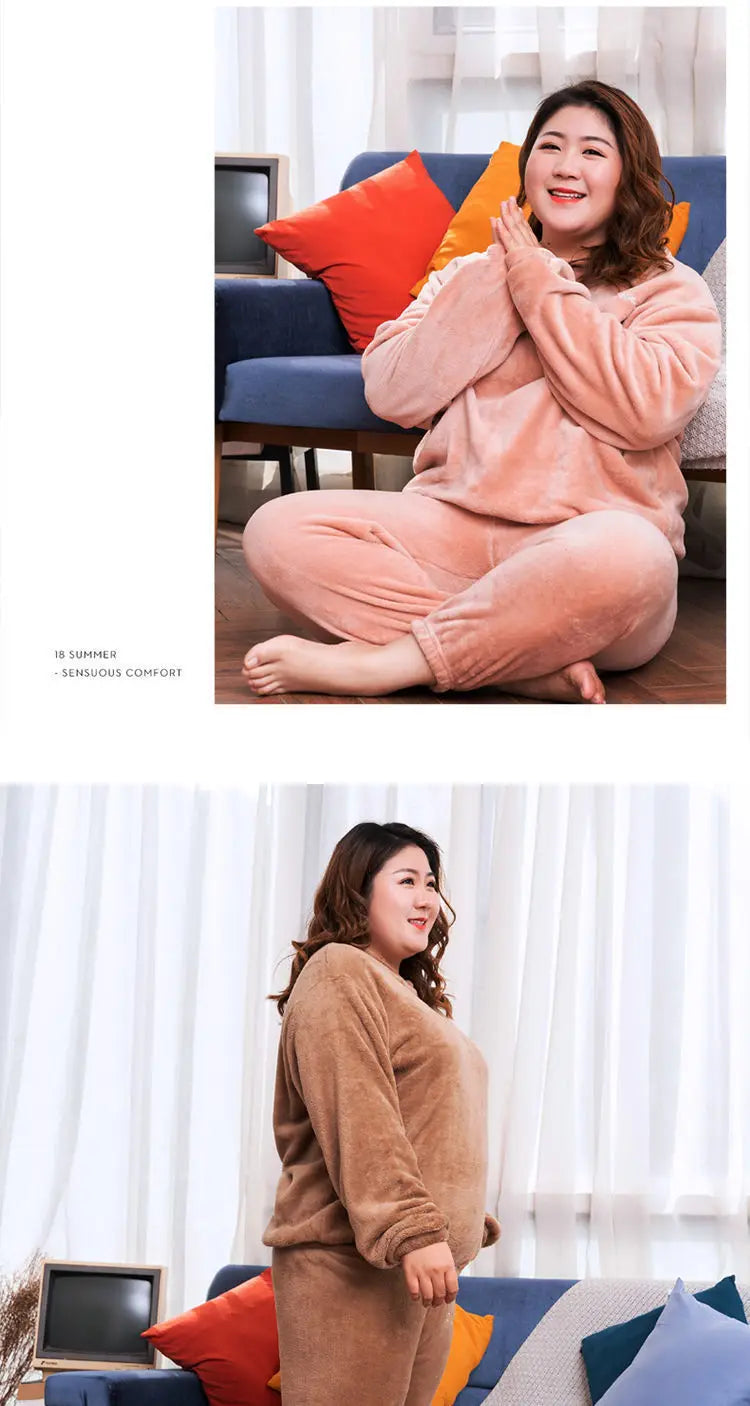 Winter Pajamas Coral Fleece Warm Pajamas Set Thick Long Sleeve Large Size 85kg Outside Pajamas Elastic Waist Trousers Pajama Set