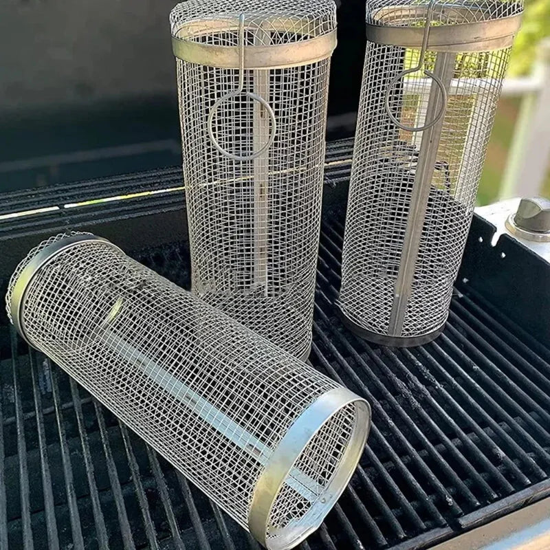 Cesta para barbacoa de acero inoxidable con ruedas, cesta cilíndrica de malla de alambre, cesta para parrilla portátil y redonda para acampar al aire libre