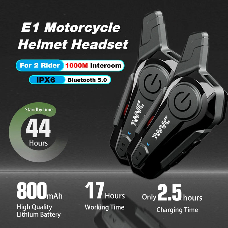 E1 Bluetooth Intercom Motorcycle helmet bluetooth headset intercomunicador Moto Interphone Headset Wireless For 2 Rider 1000M