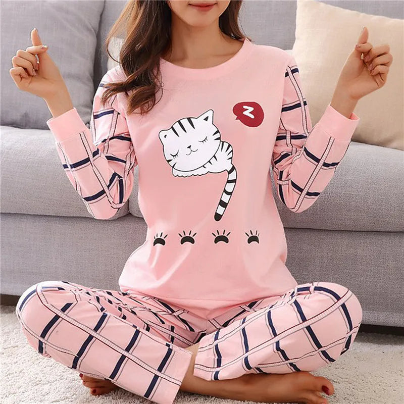 spring and autumn Cute Cartoon Cat Print Pajama Set Women Two-pieces Long Sleeve Sleepwear Underwear Women Pajama Sets