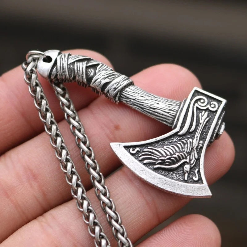 Trendy Retro Crow Prairie Wolf Double Sided Viking Tomahawk Pendant Necklace Charm Men's Necklace Metal Accessorie Party Jewelry