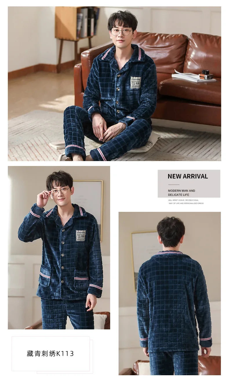 Flannel Pajamas for Men Thickened Cardigan Long-sleeved Plus Velvet  Warm Coral Fleece Men's Oversize Homewear pijama hombre