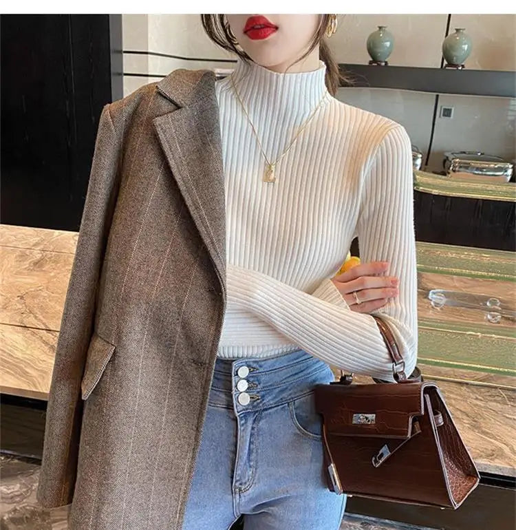 Epligg Women Turtlneck Sweater Long Sleeve Casual Slim Pullover Fashion Simple Chic Clothes Elegant Solid Basic Knitted Tops