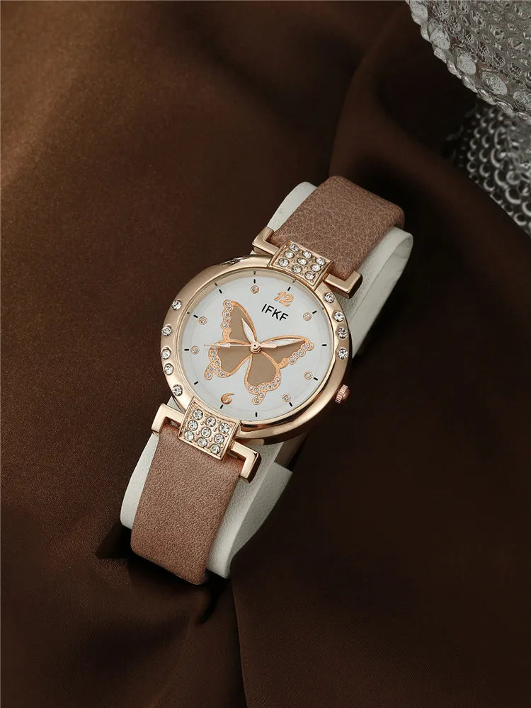 Nuevo reloj de cuarzo con cinturón sencillo de moda coreana, edición para mujer + conjunto de joyas de tres piezas