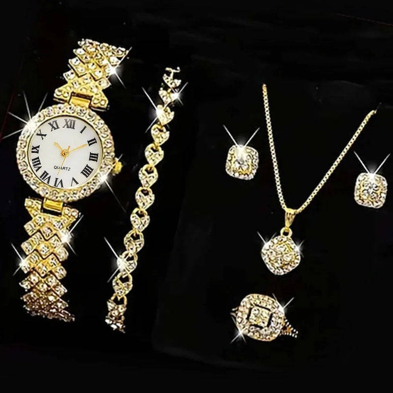 Juego de 5 piezas de relojes para mujer, anillo, collar, pendientes, diamantes de imitación, reloj de pulsera de moda para mujer, relojes casuales para mujer, conjunto de pulsera, reloj