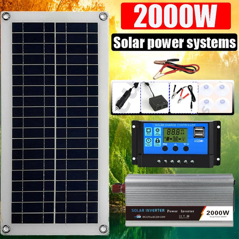 Sistema de energía solar de 2000 W, kit de panel solar, batería solar de 12 V, controlador de 10 A-60 A, panel solar para el hogar, caravana, autocaravana, casa de acampada