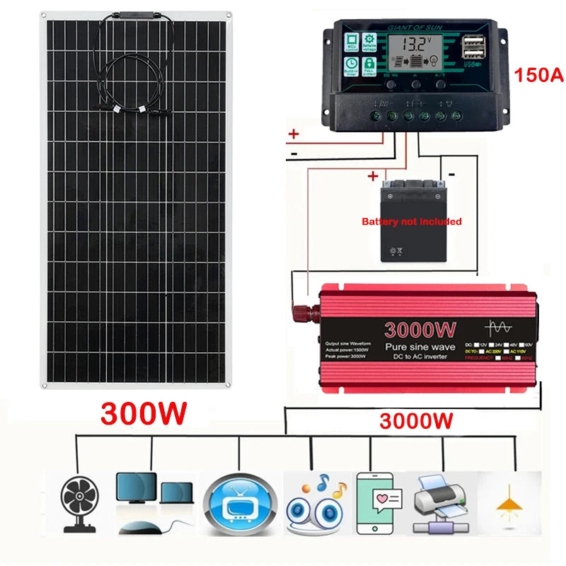 600w 300w flexible solar panel for 12v solar cell battery charger kit photovoltaic system for car boats marine motorhome Vans