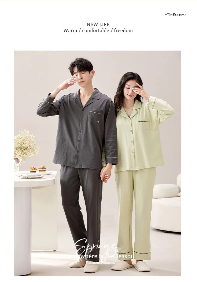 2024 New Cotton Homewear for Couples Autumn Women and Men Matching Cardigan Pajamas Set Young Girl Boy Pjs Pijamas Mujer Hombre