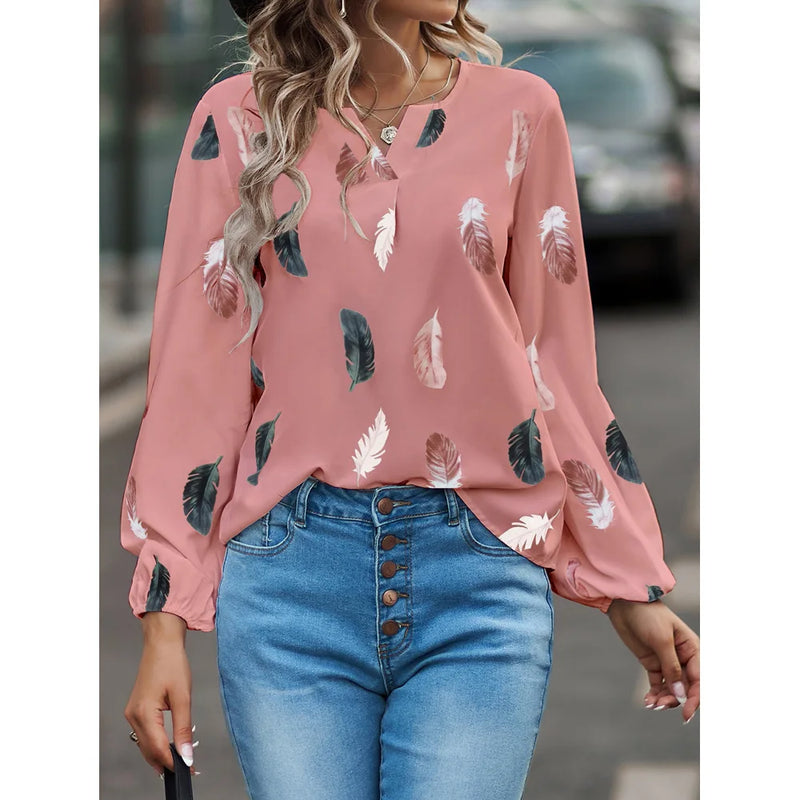 Fashion Woman Blouse Shirts For Women Stylish Top long Sleeve Feather Pattern Female Tops Elegant Chiffon Mujer Woman Clothes