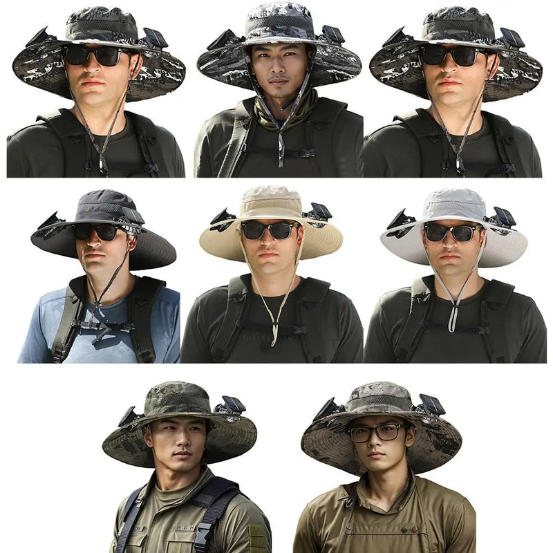 Para acampar al aire libre, pescar, hacer senderismo, protector solar, sombrero de pescador, gorra con ventilador solar, gorra de carga solar portátil con ventilador adecuada