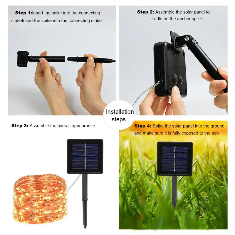 Solar LED Light String Christmas Camping Atmosphere Decoration Light Waterproof Copper Wire Light Socket Ground Installation