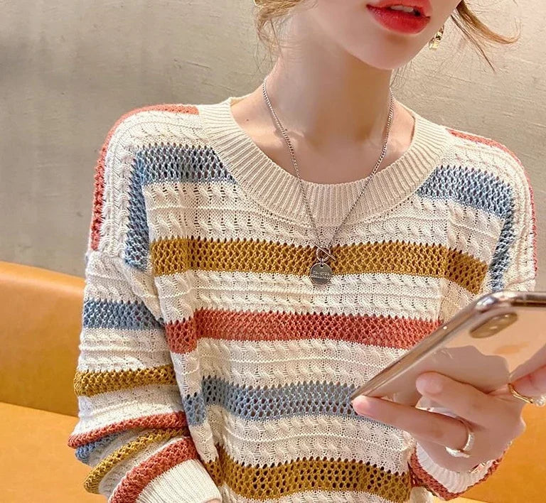 Women's Sweater Round O Neck Knit Tops for Woman Blue Mesh Pullovers Y2k Vintage Trend 2024 Korean Luxury Cold Winter Fashion