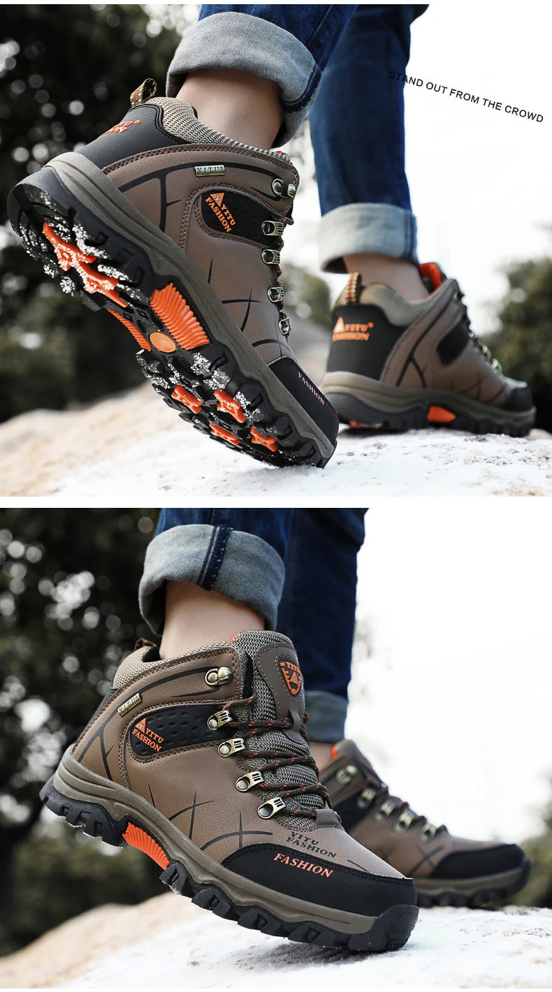 Botas de nieve de invierno para hombre, zapatillas de cuero impermeables, botas muy cálidas para hombre, botas de senderismo para exteriores, zapatos de trabajo, talla 39-47