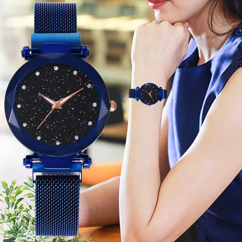 Relojes de lujo con cielo estrellado para mujer, pulsera de diamantes de imitación, reloj de cuarzo para mujer, reloj de pulsera con hebilla magnética de acero fino, reloj para mujer