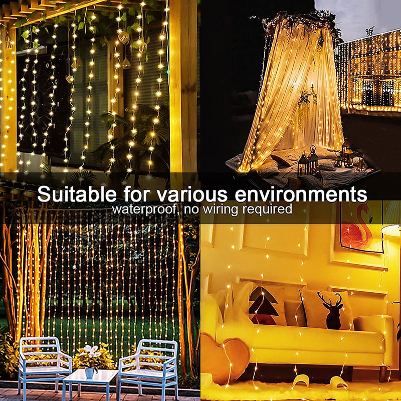 3x3M 300Leds Solar Curtain String Lights Outdoor Waterproof Garden Decoration Fairy Garland 8 Lighting Modes Christmas Lighting