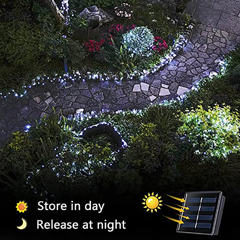 Guirnalda de luces solares de 32 m/42 m con temporizador para jardín al aire libre, 8 modos, decoración navideña, decoración de patio