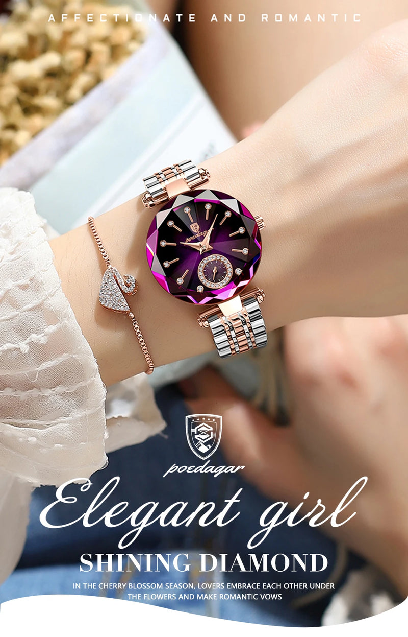 POEDAGAR Reloj de pulsera de lujo para mujer, elegante reloj de acero inoxidable resistente al agua para damas, relojes de cuarzo con diamantes para mujer, Reloj