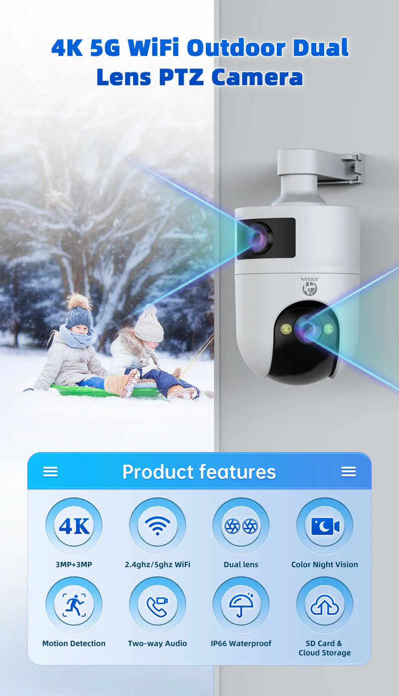 JOOAN 4K PTZ IP Camera Outdoor Waterproof Dual Lens 5G WiFi Security Camera Auto Tracking Video Surveillance Camera Baby Monitor