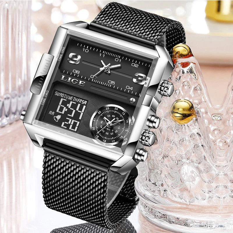 LIGE 2023 Nuevo reloj dorado para mujer, marca superior, relojes cuadrados creativos de lujo, reloj de pantalla dual de moda para mujer, reloj femenino + caja