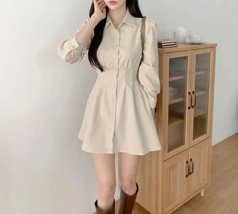 Korean Chic Fashon Slim Mini Long Sleeve Dress Women's 2024 Spring Autumn New Elegant Casual Polo Shirt Dresses Solid Clothing