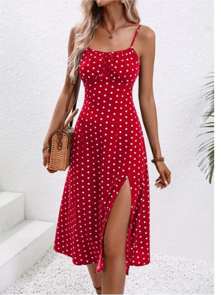 Vestido de verano 2024 con tirantes finos y estampado de lunares, sin mangas, con abertura, estilo bohemio, informal, para playa