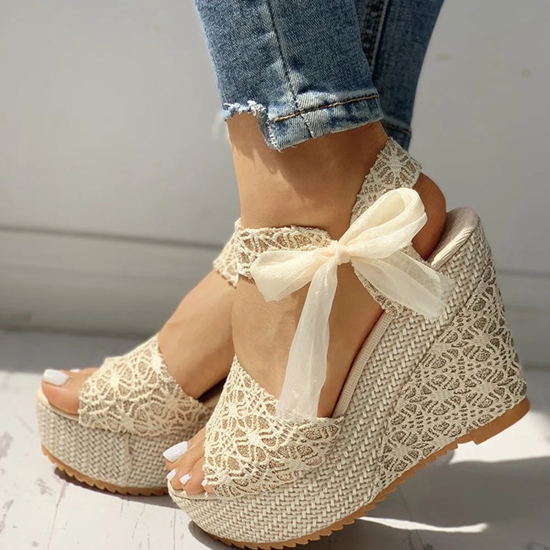 Zapatos de mujer con cuña y tacón alto de encaje para ocio, sandalias de verano 2022, zapatos de fiesta con plataforma para mujer