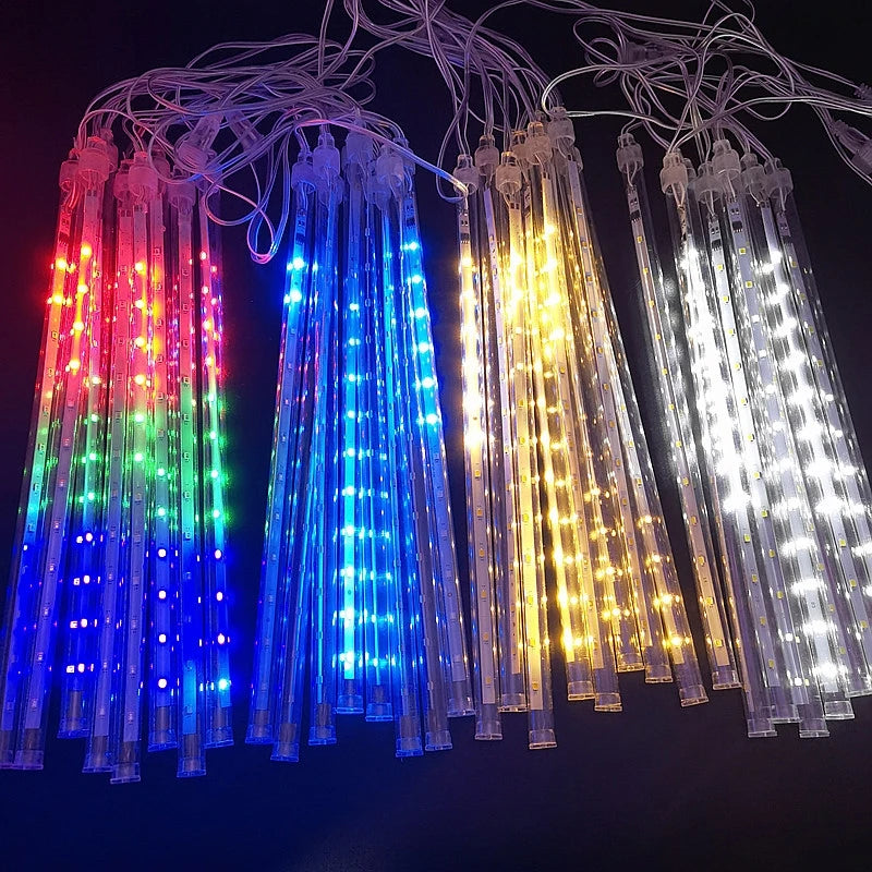 Luces navideñas de lluvia de meteoritos para exteriores, 10 tubos, 192 luces LED colgantes para jardín, árbol, fiesta, decoración, lámpara