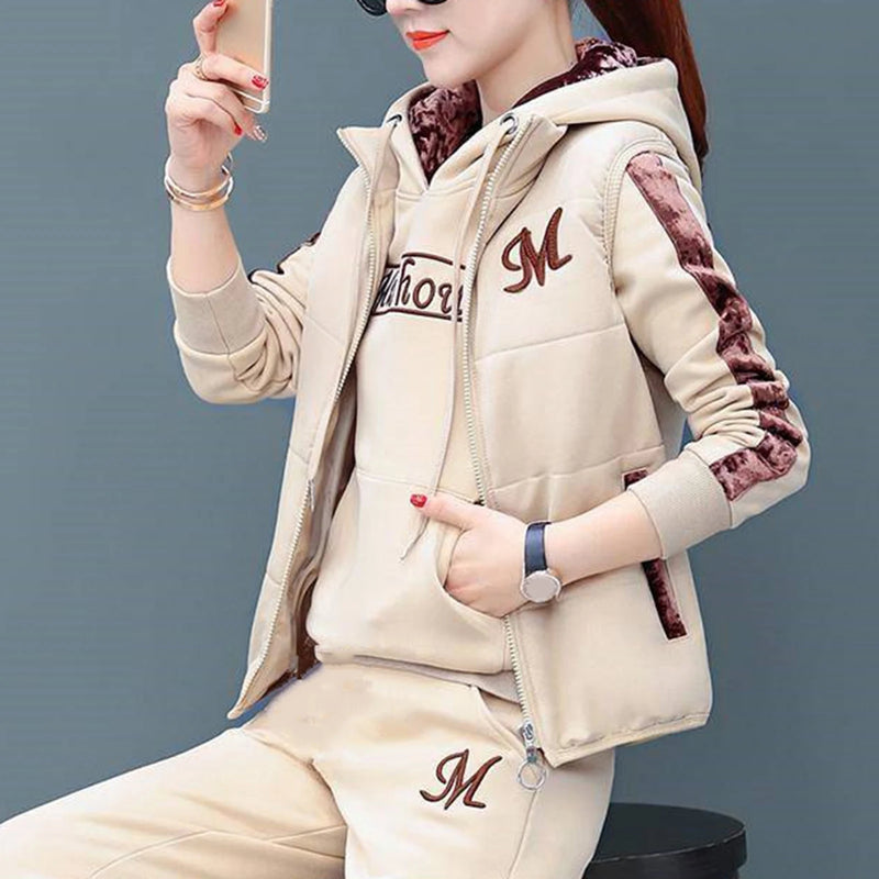 Fashion Warm Three Piece Set Women Outfit 2023 Fall Winter Thicken Tracksuit Casual Waistcoat Hoodies Pant Female Sweat Suit