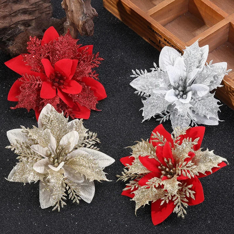 14cm Glitter Artificial Christmas Flowers Xmas Tree Ornaments Merry Christmas Decorations for Home New Year Gift