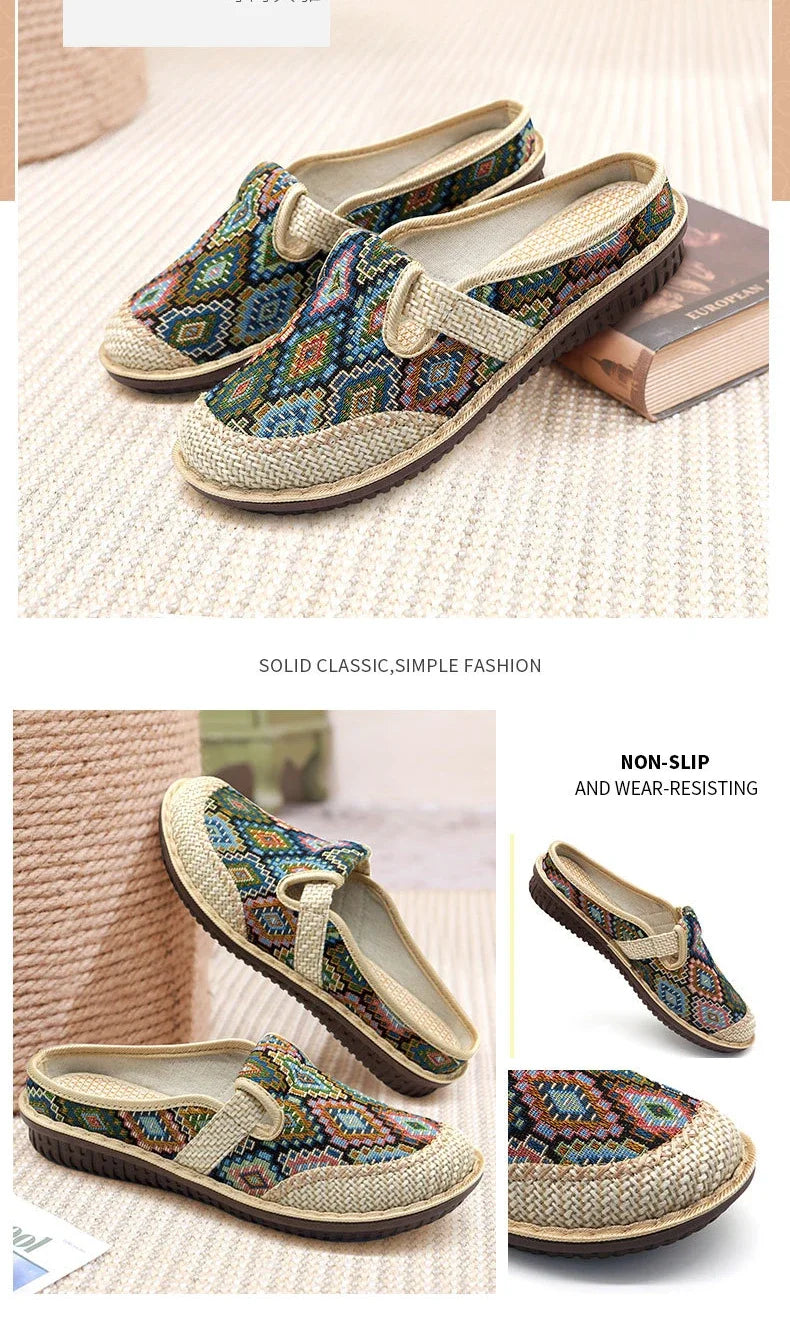 Fashion Women's Shoes Ethnic Style Embroidered Linen Breathable Outdoor Casual Slippers Shoes for Women Zapatos De Mujer 2024