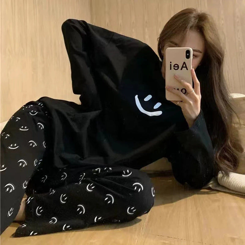 Winter Sleepwear Women's Pajamas Set Long Sleeve Pant Homewear Loose-fit Pajama Smile Facce Print Loungewear